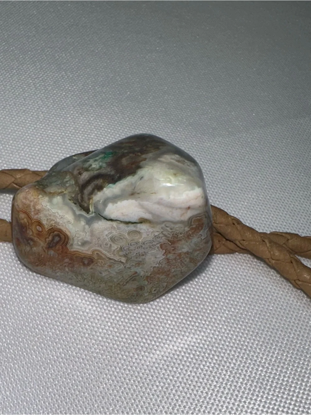 Vintage Polished Crazy Lace Agate Bolo Tie Tan Braided Leatherette Cord Jasper